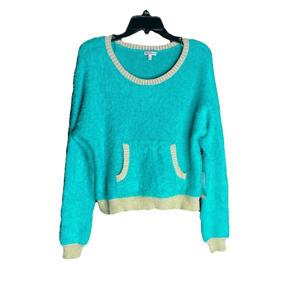 Juicy Couture Sweater Womens M Blue Gold Sparkly Velvet Crush Pullover NEW! Soft